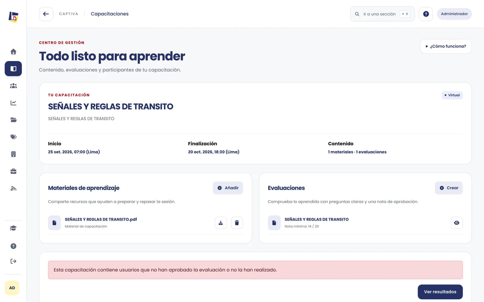 Detalle de una capacitación con materiales y evaluaciones