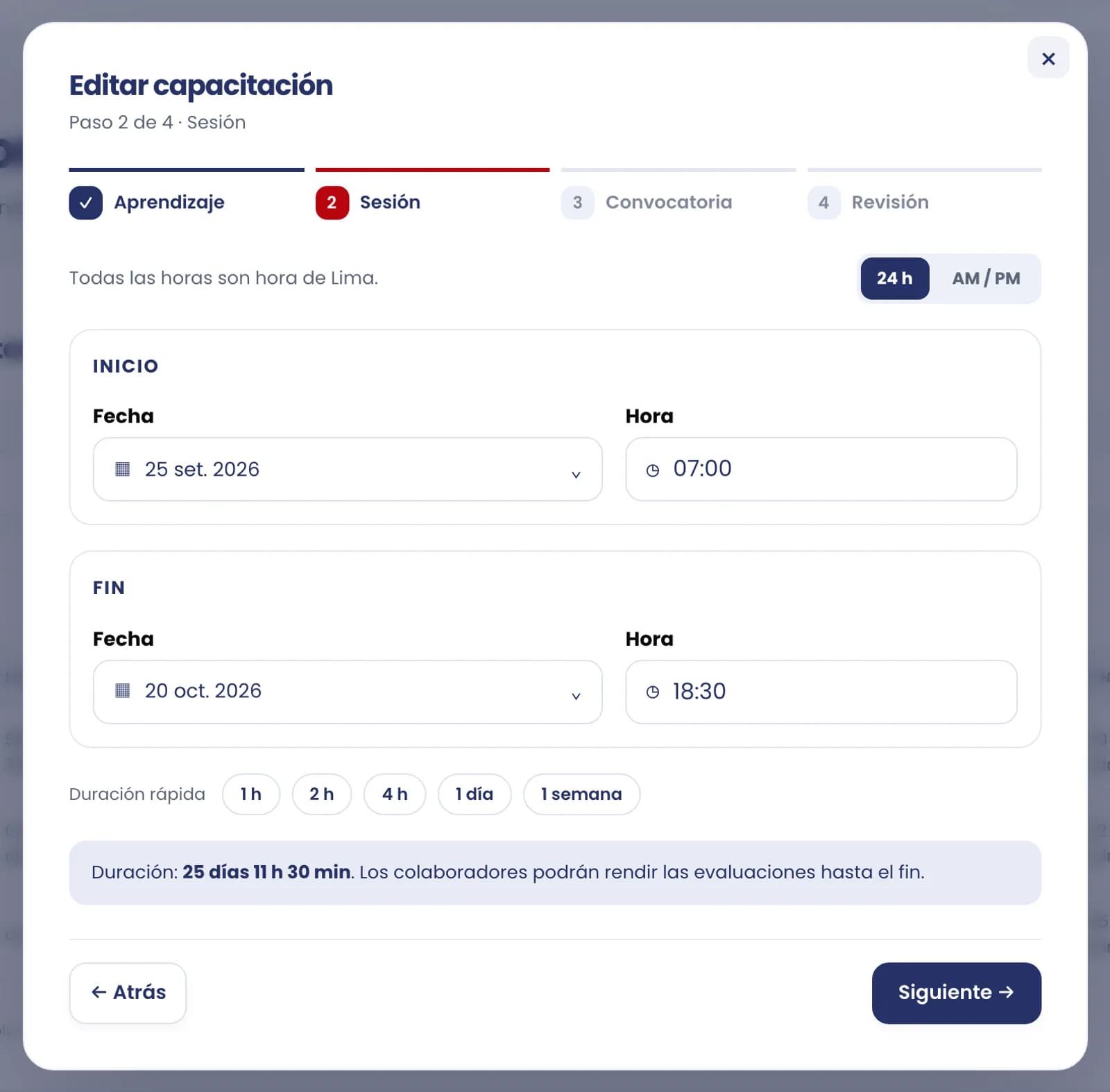 Asistente de 4 pasos para crear una capacitación