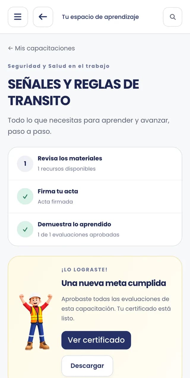 Curso aprobado con acceso al certificado