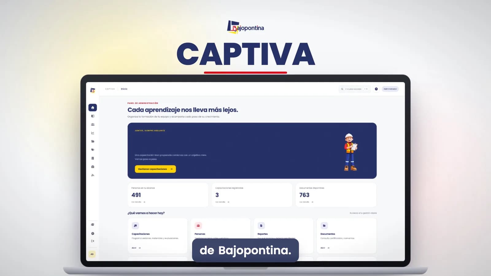 Captiva, la plataforma de capacitación de Bajopontina, en una laptop
