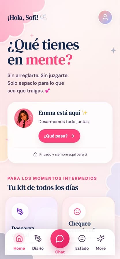 Pantalla de inicio de Emma con el saludo y el botón para hablar
