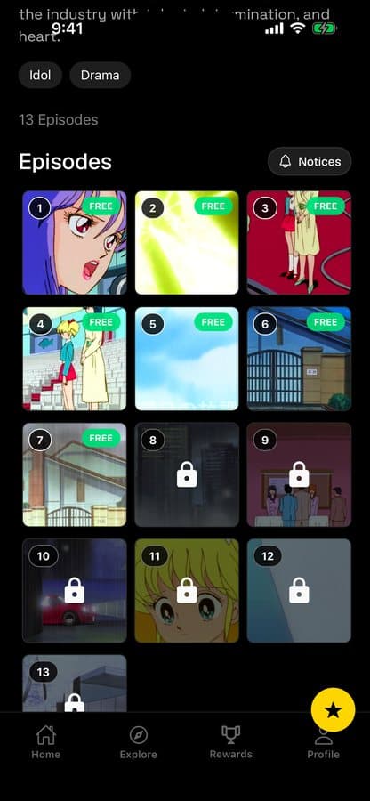 Lista de episodios de una serie con episodios gratis y bloqueados