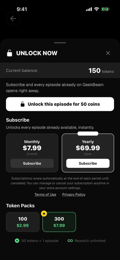 Paywall con desbloqueo por tokens, suscripción y packs