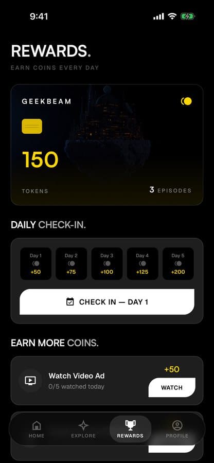 Pantalla de recompensas con check-in diario y anuncios