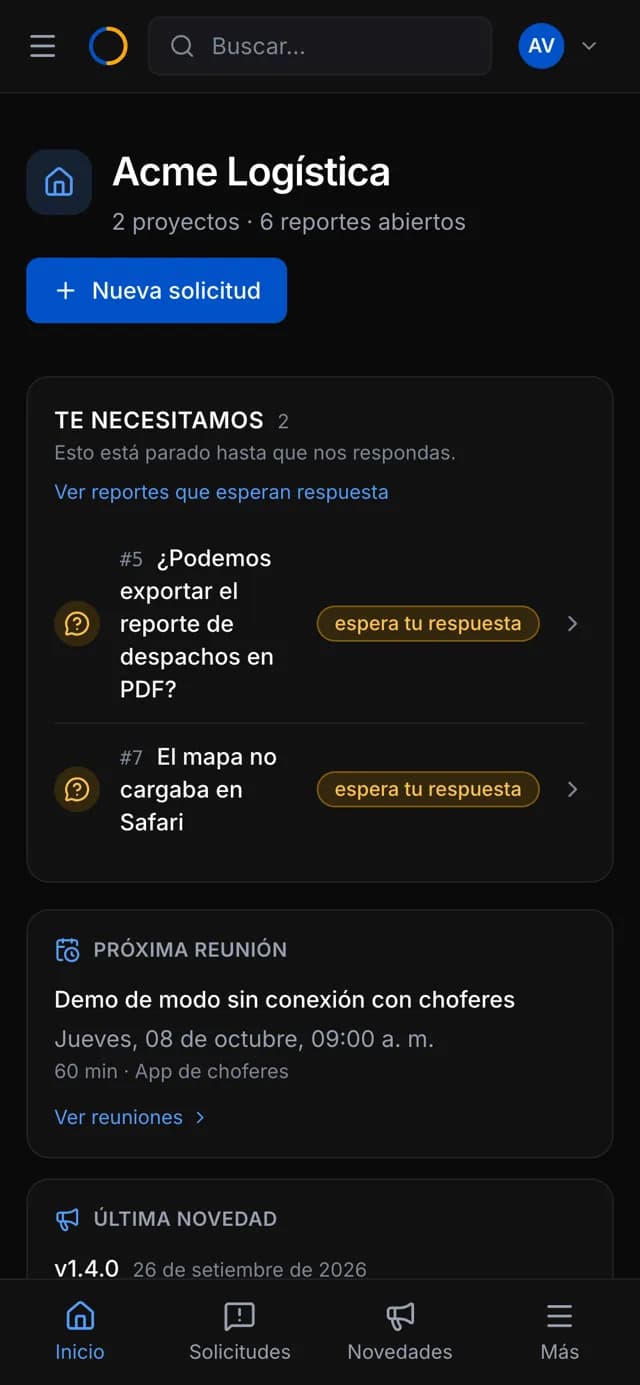 Inicio del portal de clientes en el celular: lo que espera respuesta, la próxima reunión y la última novedad