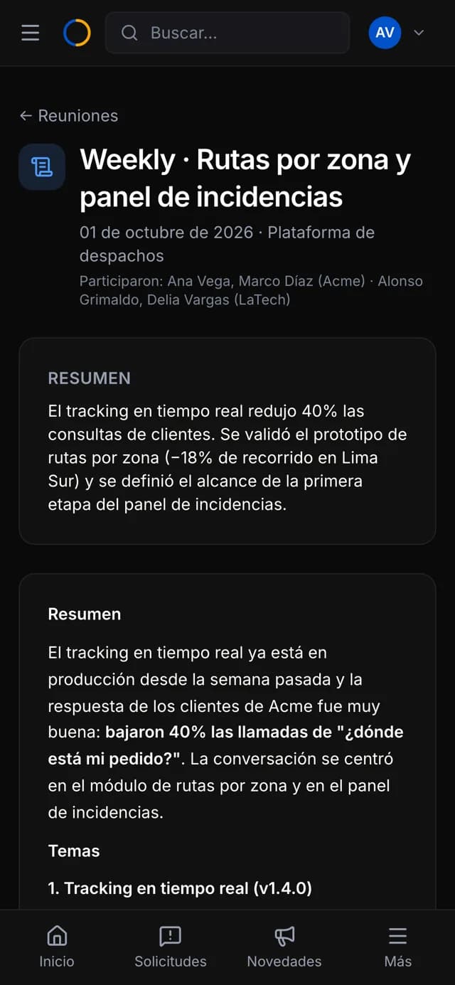 Nota de una reunión semanal publicada al cliente, con resumen, temas y próximos pasos