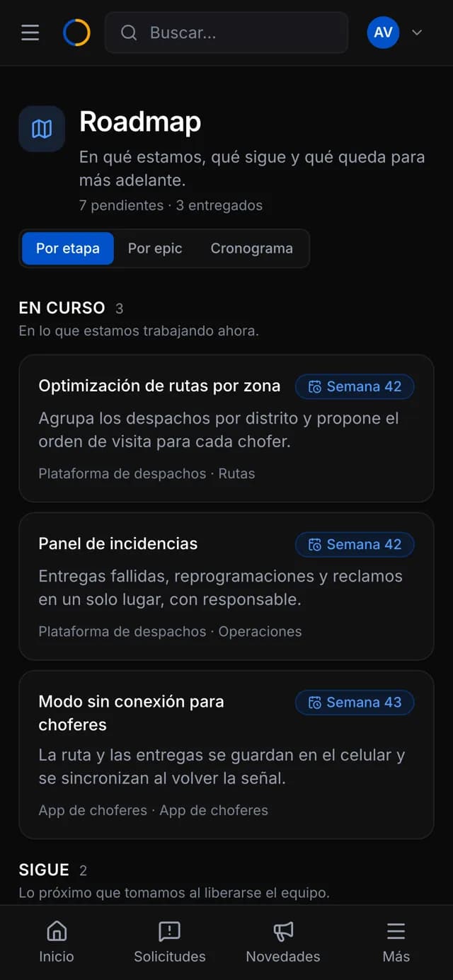 Roadmap del proyecto visto por el cliente en el celular