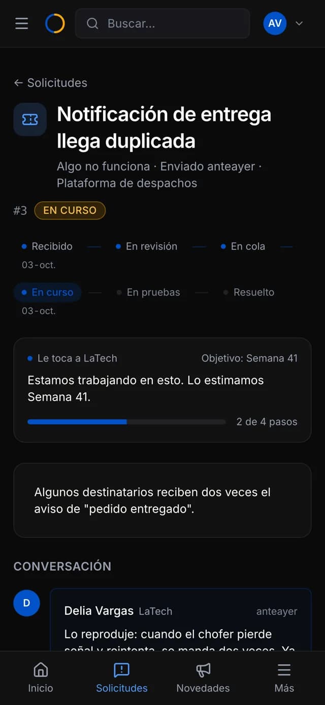Detalle de un ticket visto por el cliente, con checklist y conversación