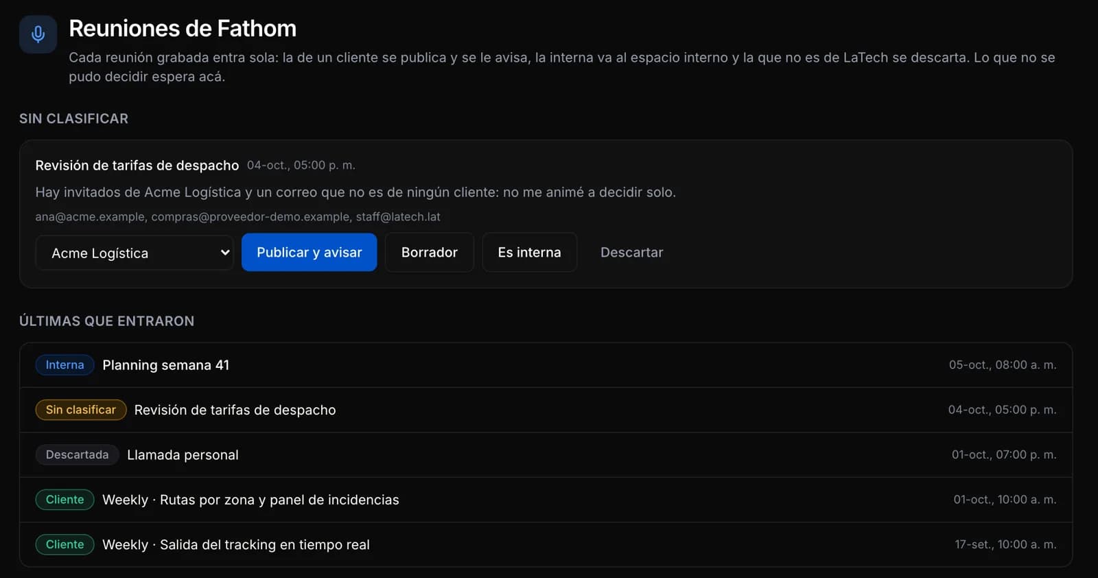 Bandeja de reuniones grabadas: una reunión sin clasificar con las opciones Publicar y avisar, Borrador, Es interna y Descartar