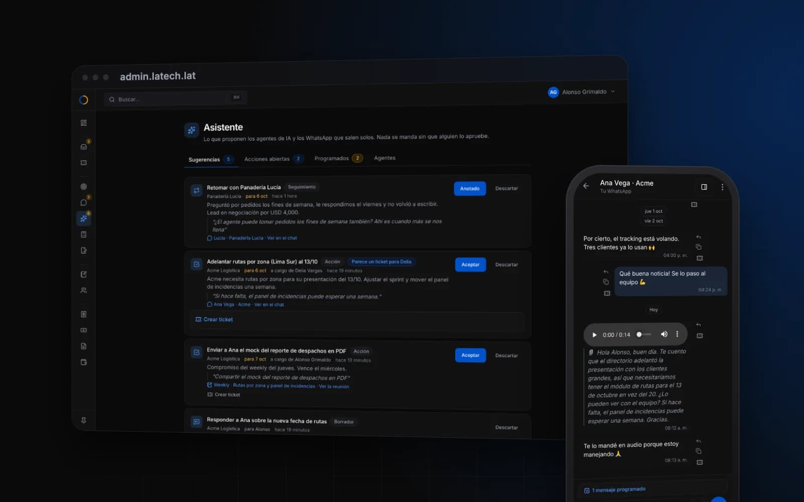Portal Latech: el Asistente de IA en desktop y un chat de WhatsApp con un audio transcrito en el celular