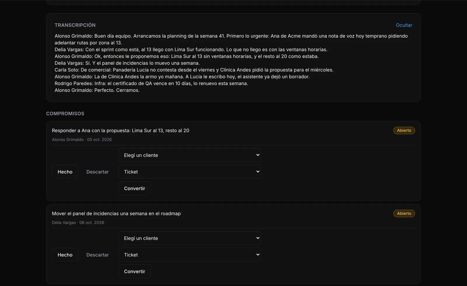 Reunión interna de planificación con su transcripción y los compromisos convertibles en tickets