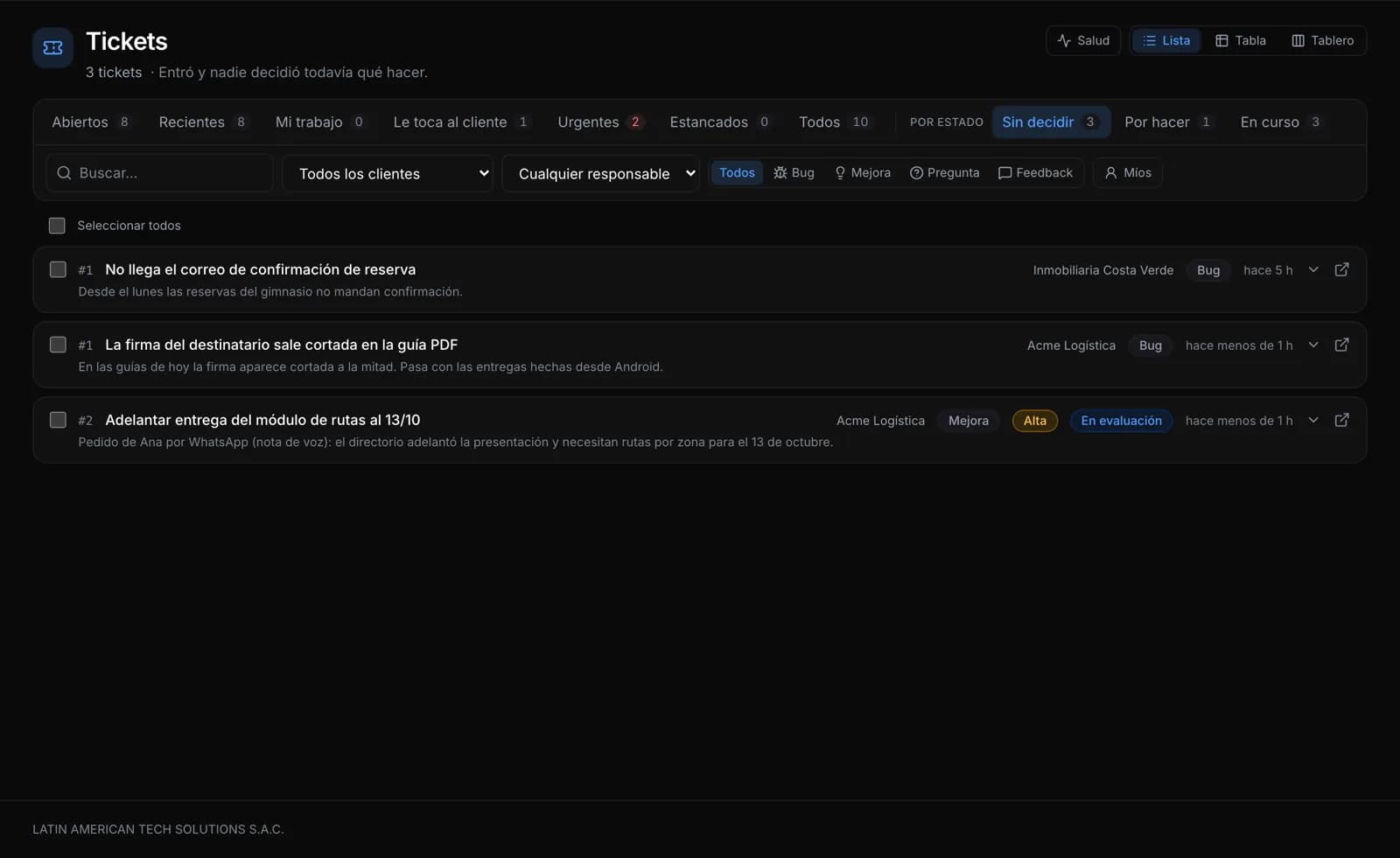 Lista de tickets del portal filtrada por los que están sin decidir