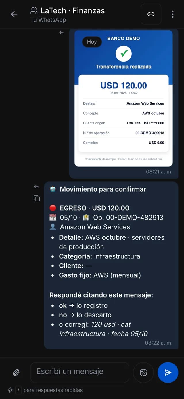 Grupo de finanzas en WhatsApp con la foto de un comprobante de ejemplo y el movimiento que propuso el bot